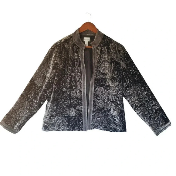 Chico's Paisley Jacket Women's Size 2 Gray & Black Rayon Silk Velvet Feel - Picture 1 of 8